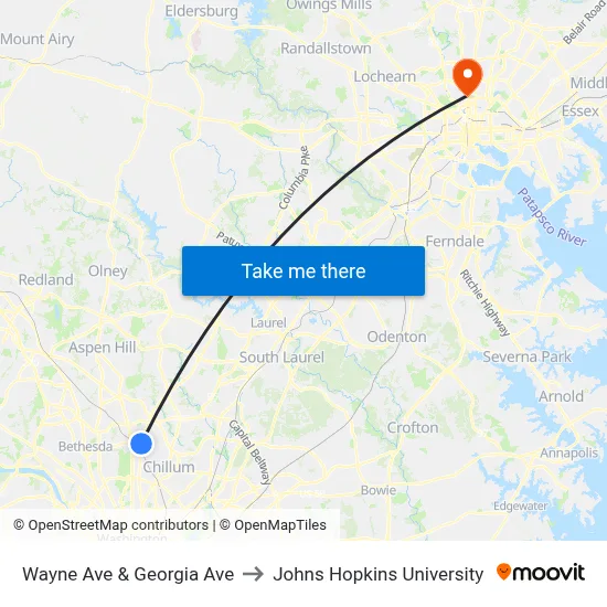 Wayne Ave & Georgia Ave to Johns Hopkins University map