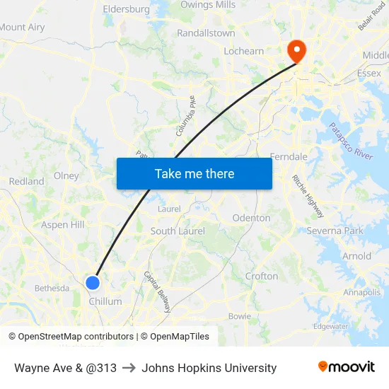 Wayne Ave & @313 to Johns Hopkins University map