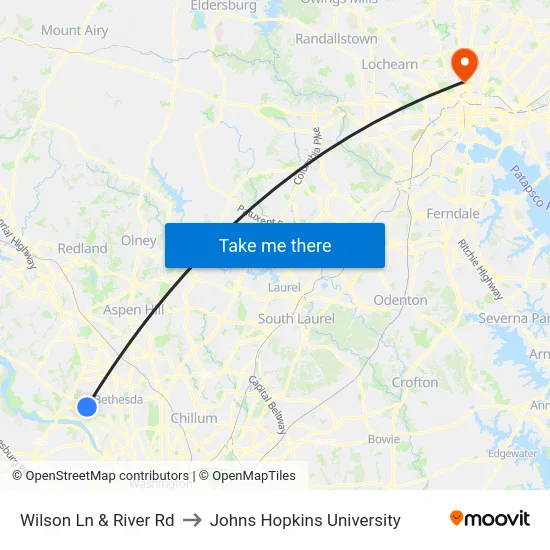 Wilson Ln & River Rd to Johns Hopkins University map