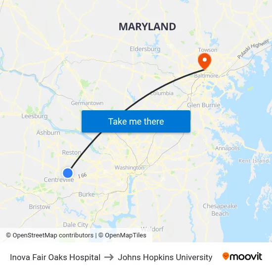 Inova Fair Oaks Hospital to Johns Hopkins University map