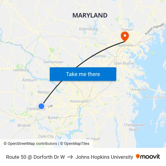 Route 50 @ Dorforth Dr W to Johns Hopkins University map
