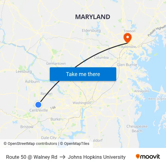 Route 50 @ Walney Rd to Johns Hopkins University map