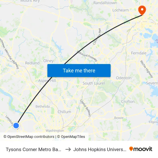 Tysons Corner Metro Bay B to Johns Hopkins University map