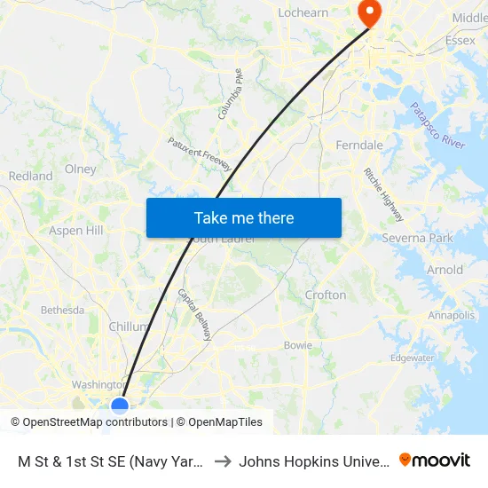 M St & 1st St SE (Navy Yard) Sb to Johns Hopkins University map