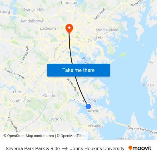 Severna Park Park & Ride to Johns Hopkins University map