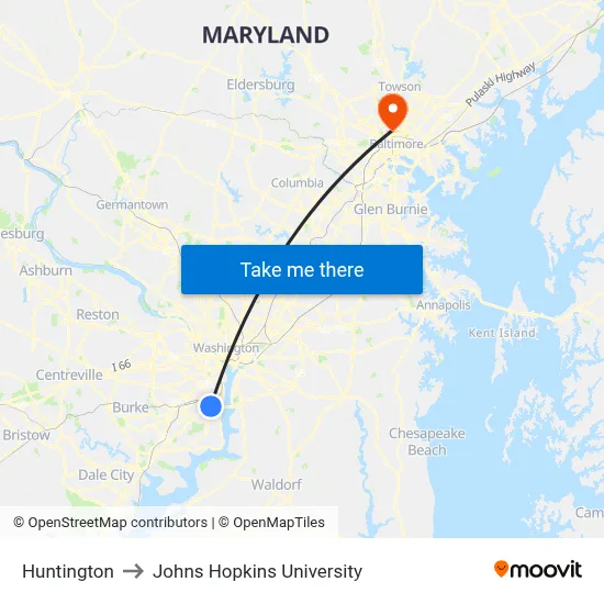 Huntington to Johns Hopkins University map