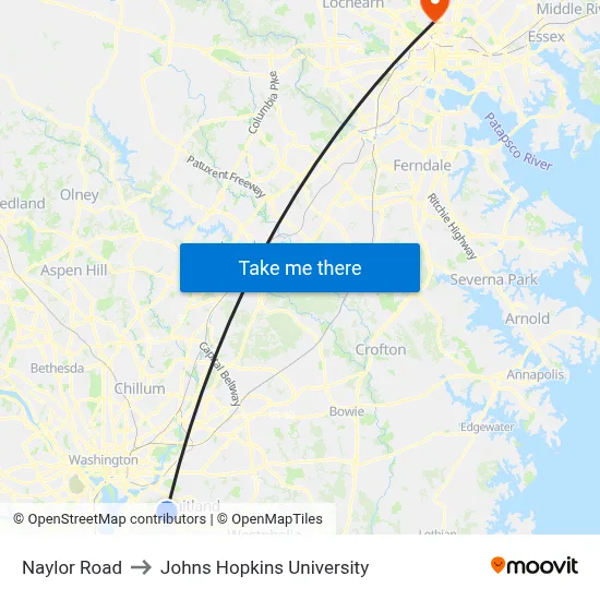 Naylor Road to Johns Hopkins University map