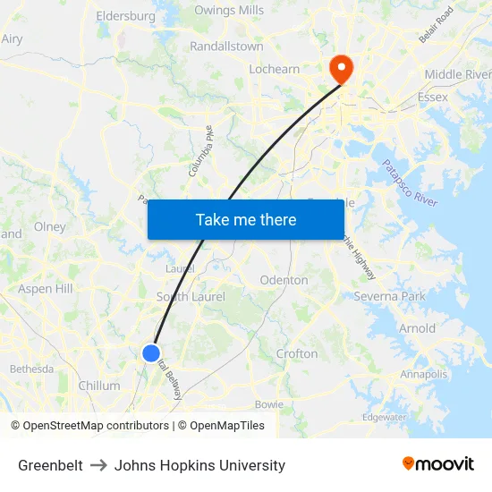 Greenbelt to Johns Hopkins University map