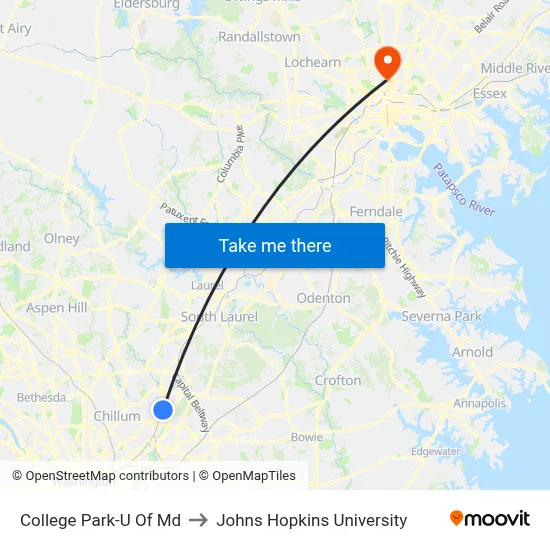 College Park-U Of Md to Johns Hopkins University map