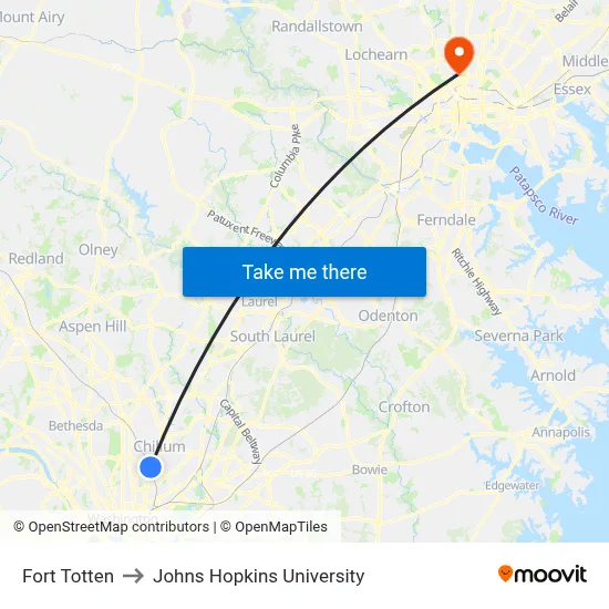 Fort Totten to Johns Hopkins University map