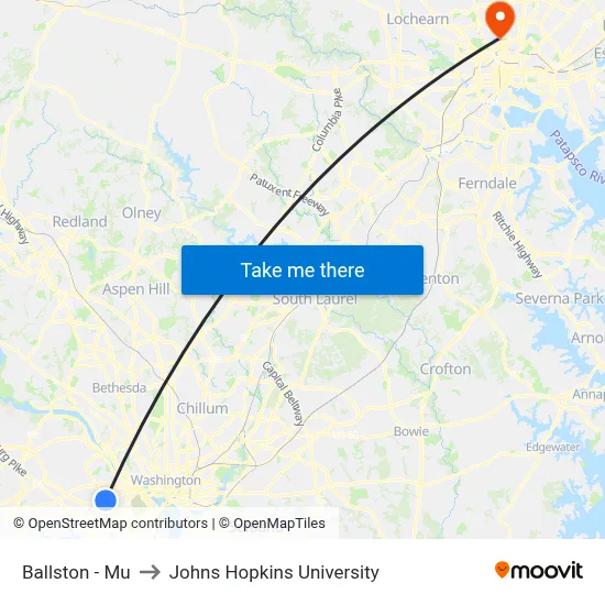Ballston - Mu to Johns Hopkins University map