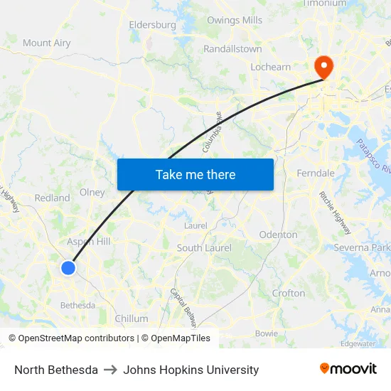 North Bethesda to Johns Hopkins University map