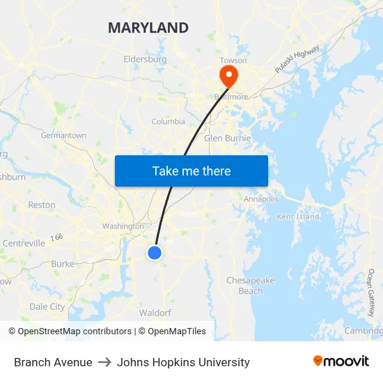 Branch Avenue to Johns Hopkins University map