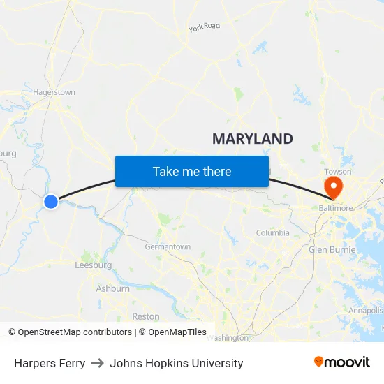 Harpers Ferry to Johns Hopkins University map
