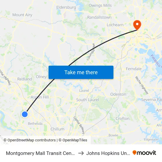 Montgomery Mall Transit Center & Bay B to Johns Hopkins University map
