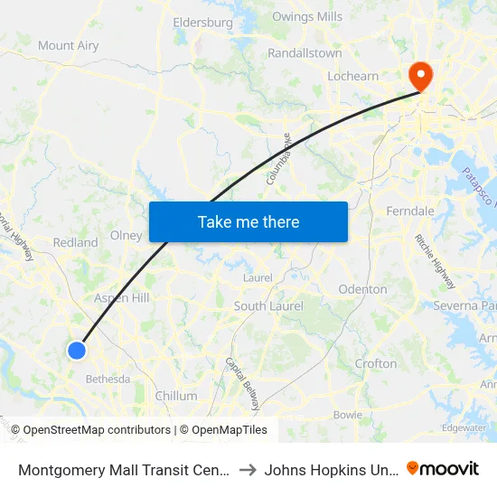 Montgomery Mall Transit Center & Bay E to Johns Hopkins University map