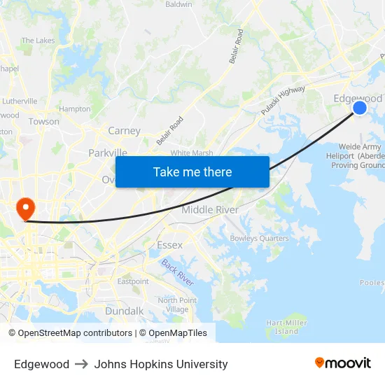 Edgewood to Johns Hopkins University map