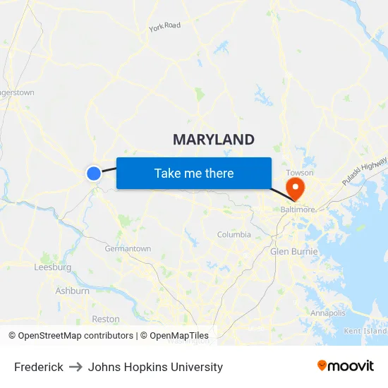 Frederick to Johns Hopkins University map
