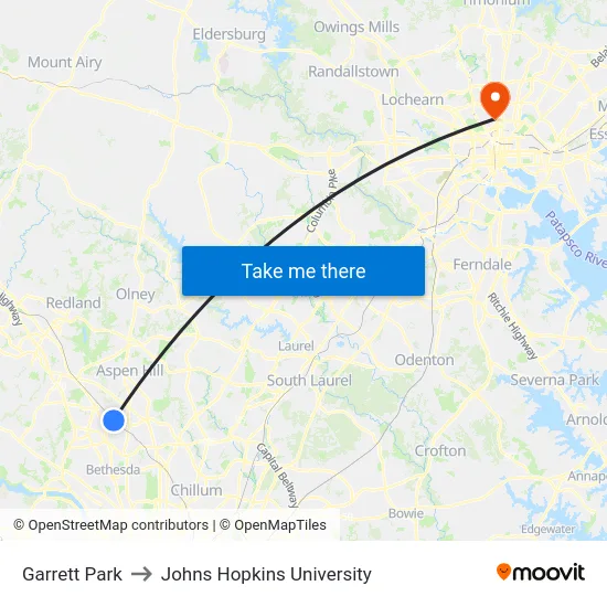 Garrett Park to Johns Hopkins University map