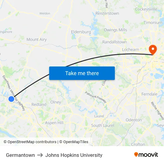 Germantown to Johns Hopkins University map