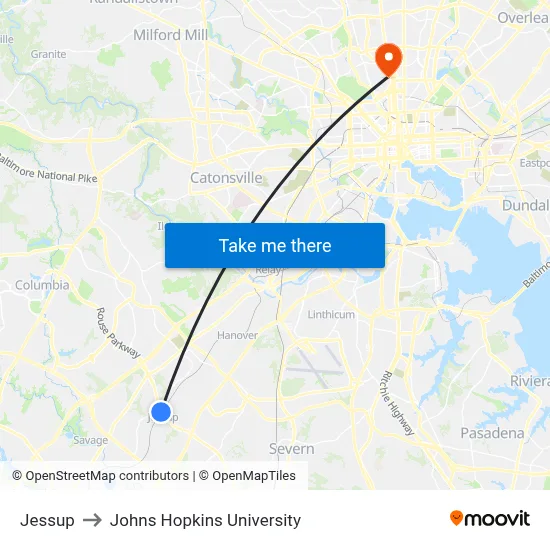 Jessup to Johns Hopkins University map