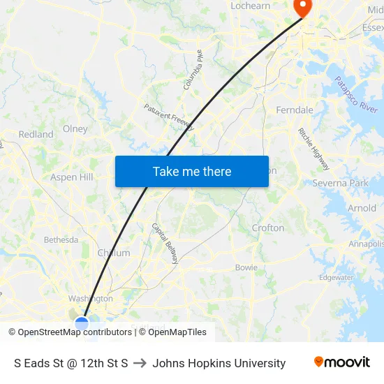 S Eads St @ 12th St S to Johns Hopkins University map
