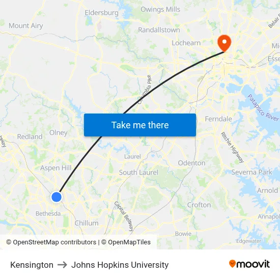 Kensington to Johns Hopkins University map