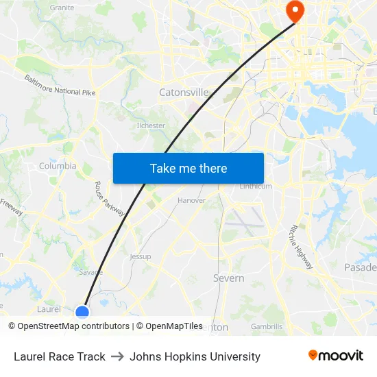 Laurel Race Track to Johns Hopkins University map