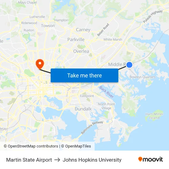 Martin State Airport to Johns Hopkins University map