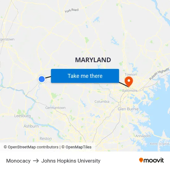 Monocacy to Johns Hopkins University map