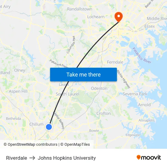 Riverdale to Johns Hopkins University map