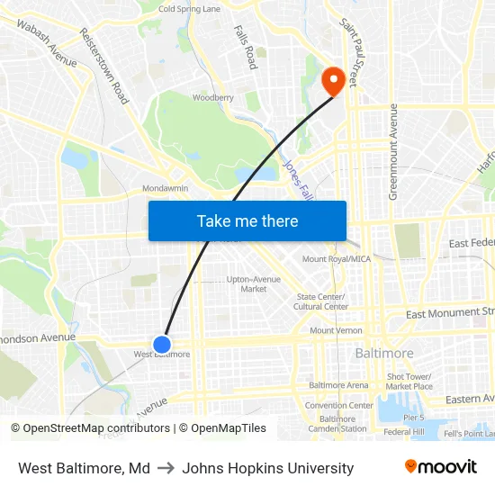 West Baltimore, Md to Johns Hopkins University map