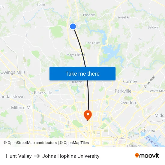 Hunt Valley to Johns Hopkins University map