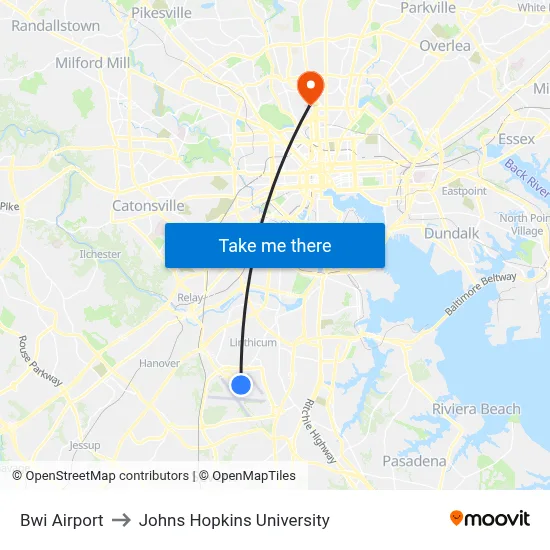 Bwi Airport to Johns Hopkins University map
