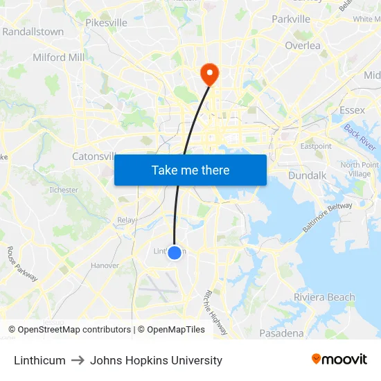 Linthicum to Johns Hopkins University map