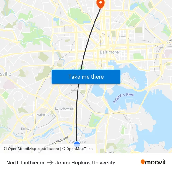 North Linthicum to Johns Hopkins University map