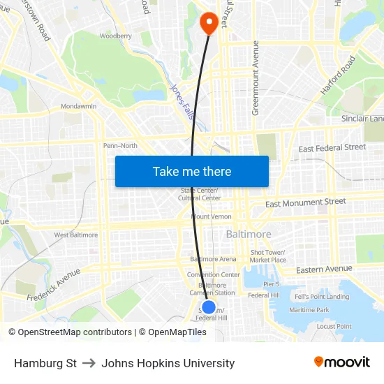 Hamburg St to Johns Hopkins University map