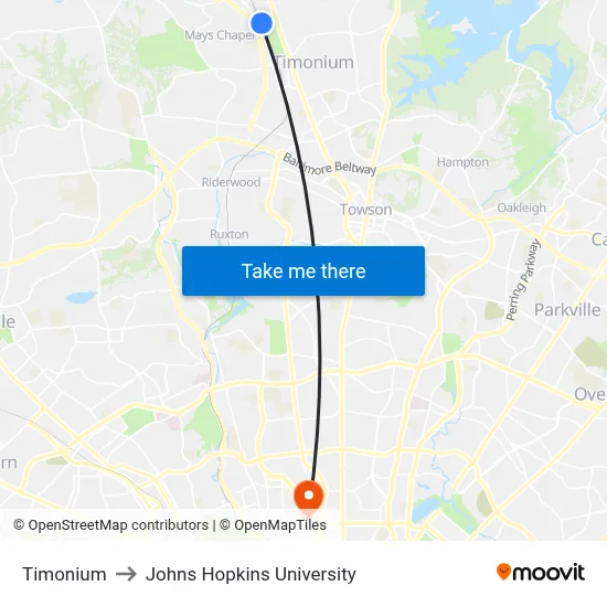 Timonium to Johns Hopkins University map