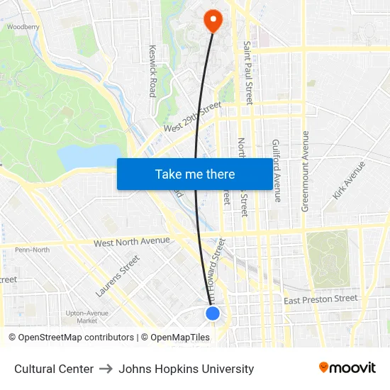 Cultural Center to Johns Hopkins University map