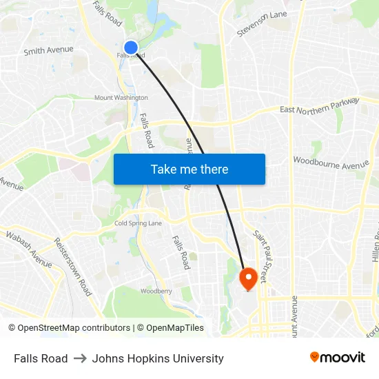 Falls Road to Johns Hopkins University map