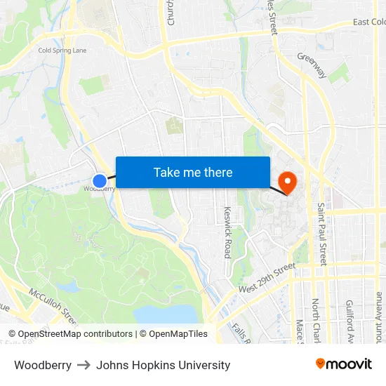 Woodberry to Johns Hopkins University map