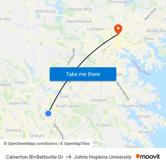 Calverton Bl+Beltsville Dr to Johns Hopkins University map