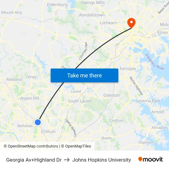 Georgia Av+Highland Dr to Johns Hopkins University map