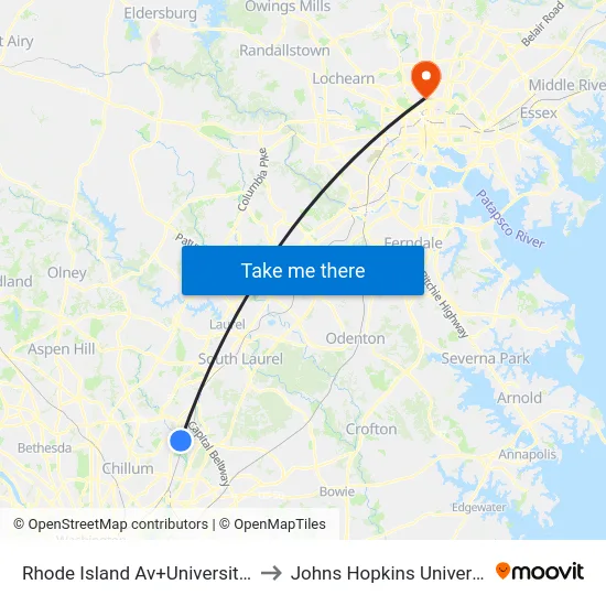 Rhode Island Av+University Bl to Johns Hopkins University map