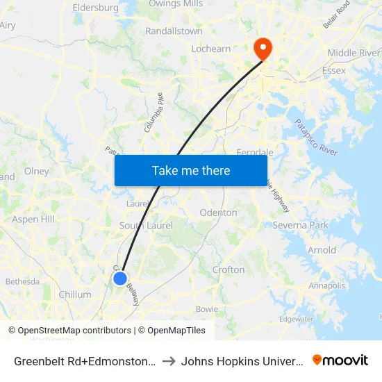 Greenbelt Rd+Edmonston Rd to Johns Hopkins University map