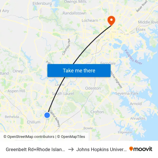 Greenbelt Rd+Rhode Island Av to Johns Hopkins University map