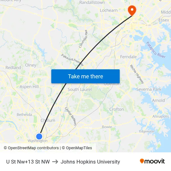 U St Nw+13 St NW to Johns Hopkins University map