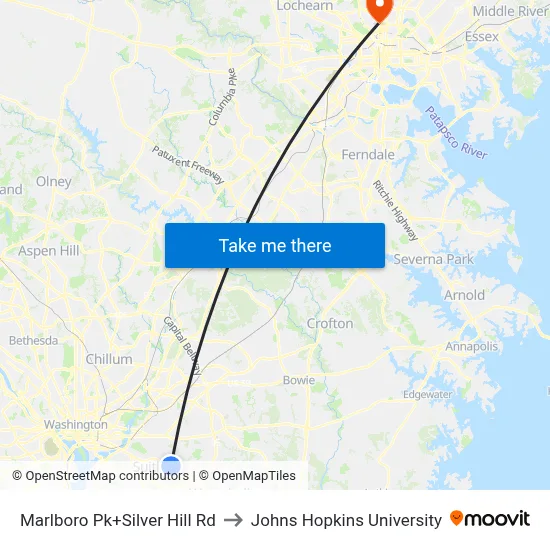 Marlboro Pk+Silver Hill Rd to Johns Hopkins University map