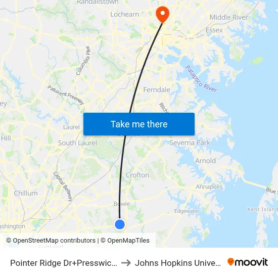 Pointer Ridge Dr+Presswick Ln to Johns Hopkins University map