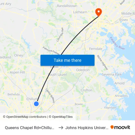 Queens Chapel Rd+Chillum Rd to Johns Hopkins University map
